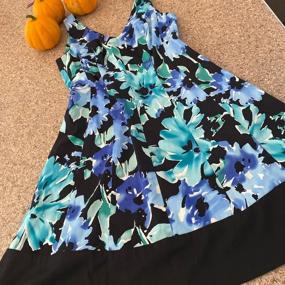 Chaps | Dresses | Chaps Floral V Neck Fit Flare Sleeveless Cotton Blend  Dress Blue Black 6 | Poshmark